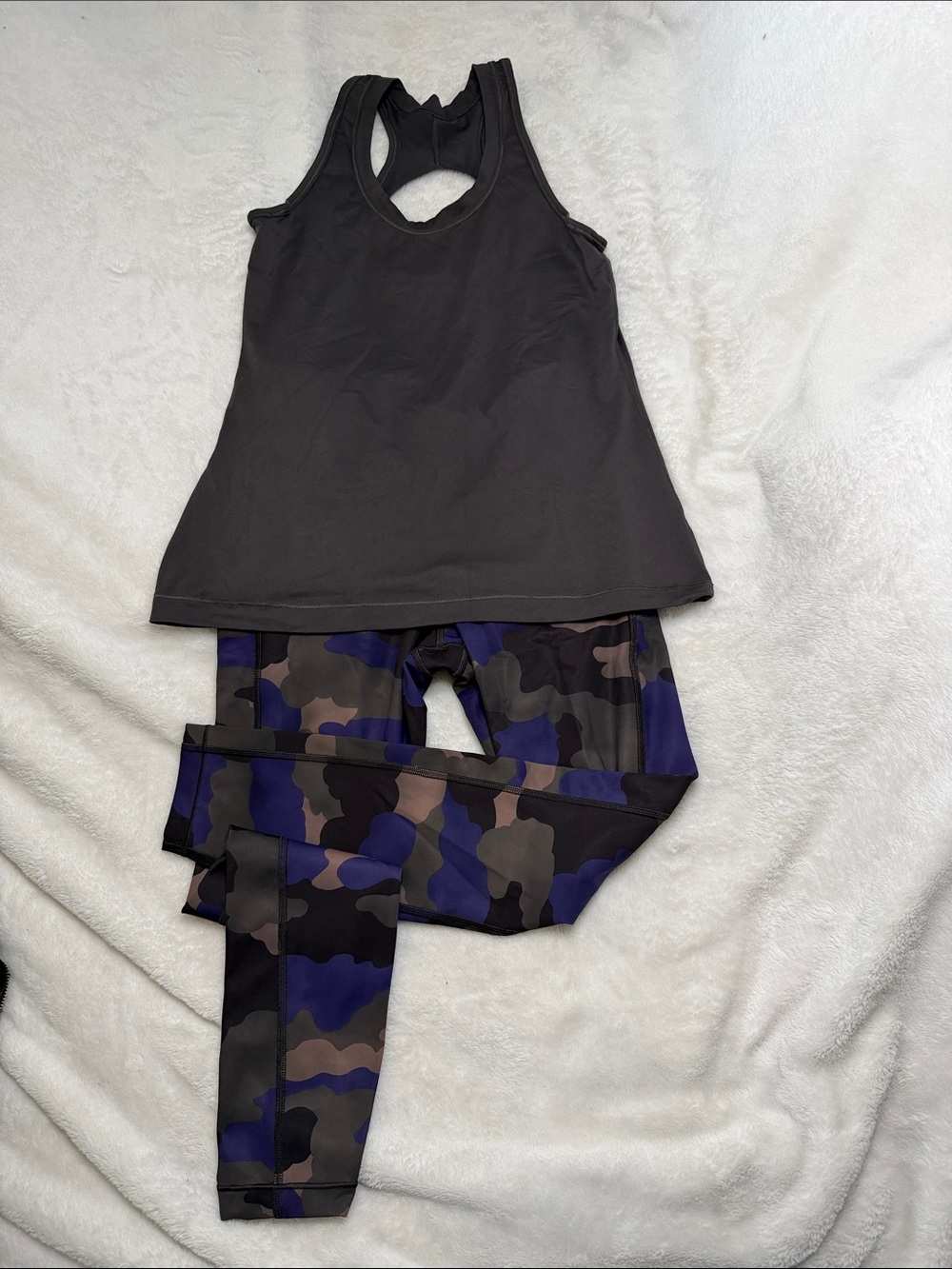 Athleta Black Tank with Blue & Gray Camo Leggings